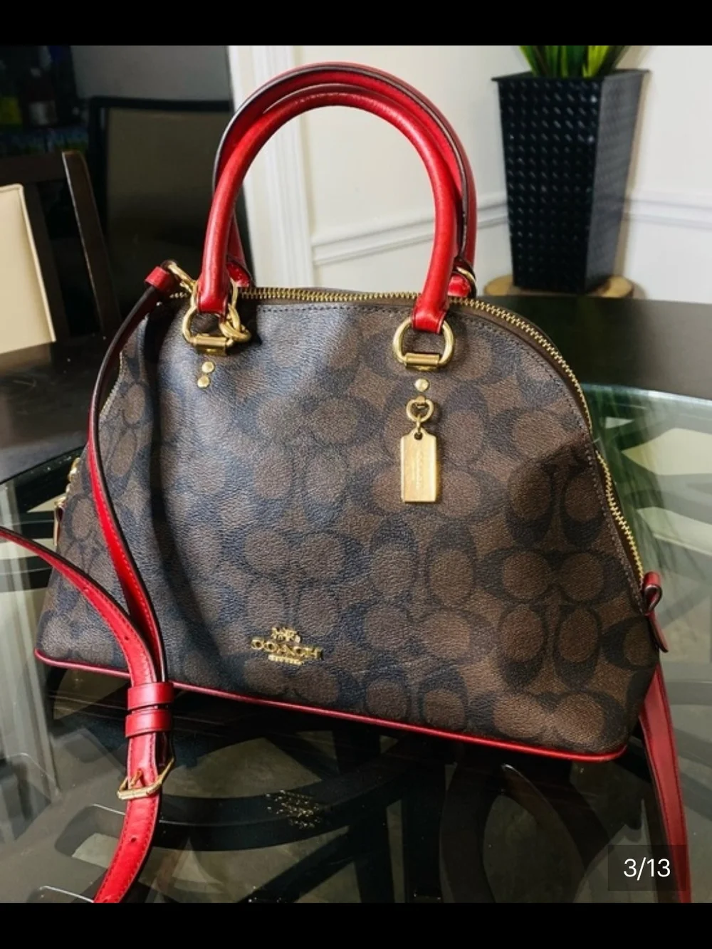 Coach Brown Signature Dome Satchel with Red Trim